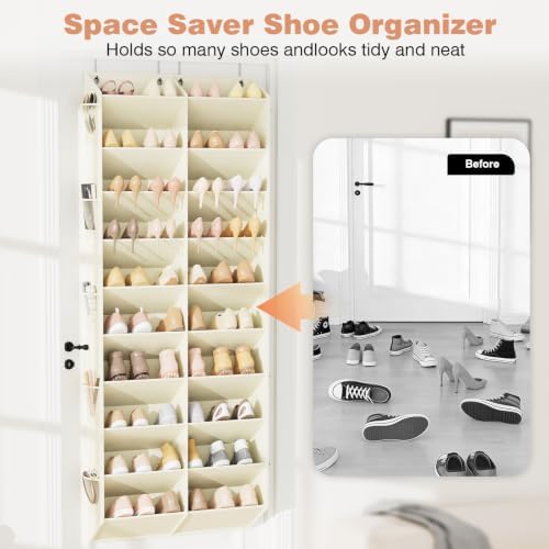 LANTEFUL Over the Door Shoe Organizer, Hanging Shoe Rack for Closet Door Shoe Storage for 30 Pairs Sneaker and Boots, Large Shoe Holder for Door with 10 Side Pockets, Space Saving, Beige - Image 6