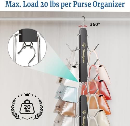 Purse Hanger, 4 Pack Purse Organizer for Closet with 32 Hooks for Heavy Bags, Sturdy Bag Storage, Rotatable Handbag Holder, Purse Rack Space Saving Backpack Hanging Closet Organizer Hangers, Black - Image 3