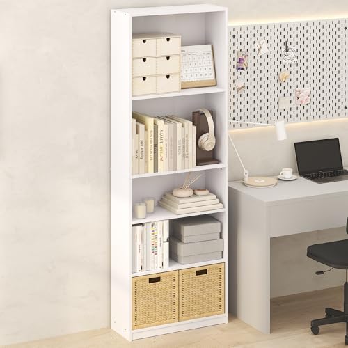 Furinno Jaya Simply Book Shelf, 5-Tier Bookshelf, Bookcase with Adjustable Shelves, 9.5 x 24.5 x 71.2, for Living Room, Bedroom, Home Office, Plain White - Image 2