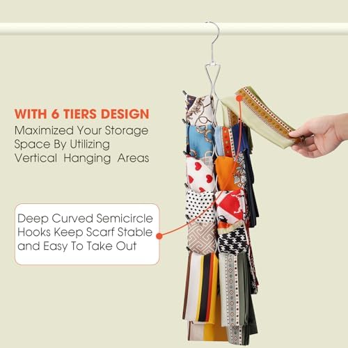 Scarf Hanger 2 Pack 24 Storages,Purse Hanger with 360 Swivel Hook,Scarf Organizer Scarf Hangers for Closet,for Scarves, Shawl,Belt,Purse & Baseball Cap - Image 6