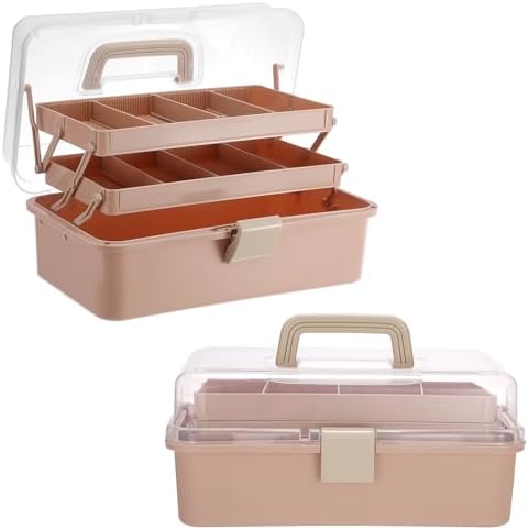 BTSKY 3-Layer Foldable Craft Organizer, Portable Tackle Box with Handle & Adjustable Dividers, Multi-Purpose Toolbox for Art Supplies, Sewing, Medicine, 12.2x6.7x5.7 Inch, Blush Pink by BTSKY
