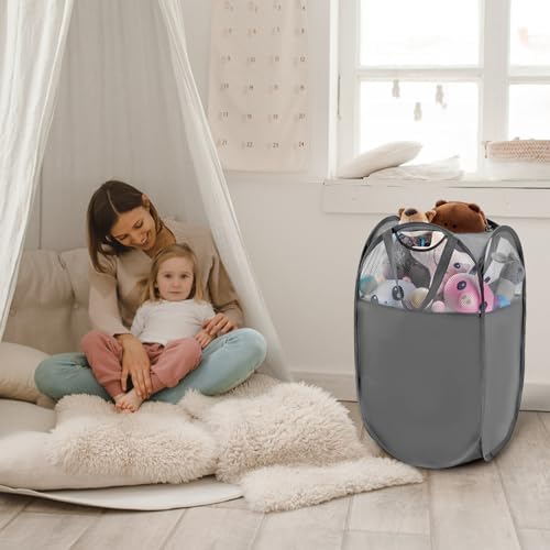 TECHMILLY Pop Up Foldable Laundry Basket, Mesh Laundry Hamper with Reinforced Handles for Dirty Clothes Storage in Dorm, Laundry Room, Bathroom, Grey(Fabric) - Image 6