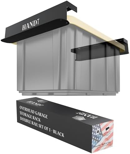 USA Based Overhead Garage Storage Rack, Connectable Heavy Duty Metal Ceiling Rails Garage Storage Organization Shelving System, Hanging Racks Tote Containers, Supports Up To 1 Bin, 1 Set Black by HANDT