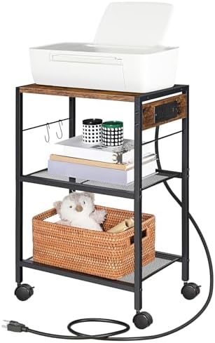HOOBRO Industrial Printer Stand, 3-Tier Mobile Printer Table, Rolling Cart with Power Outlets and USB Ports, Home Printer Stand with 2 Hooks, for Office, Living Room, Rustic Brown BF22UPS01 - Image 5