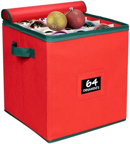 HOLDN’ STORAGE Christmas Ornament Storage Box Christmas Decor Storage Containers that Store up to 64 – 3” x 3” Holiday Xmas Ornaments – Adjustable Compartment To Fit Many Sizes Ornaments – Red by HOLDN%E2%80%99STORAGE
