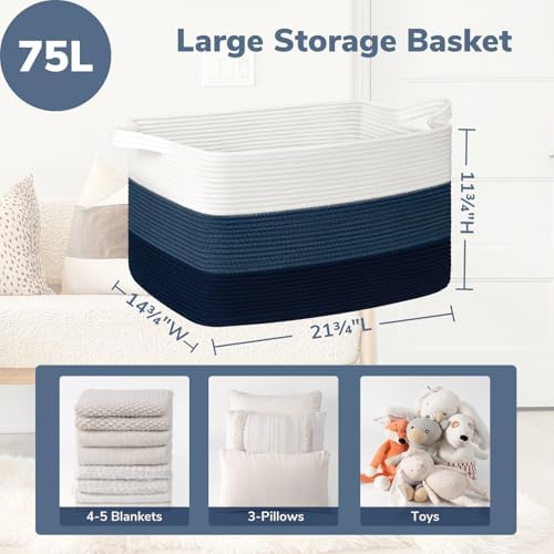 Goodpick Large Woven Rope Blanket Basket, Rectangle, Light Blue - Image 3