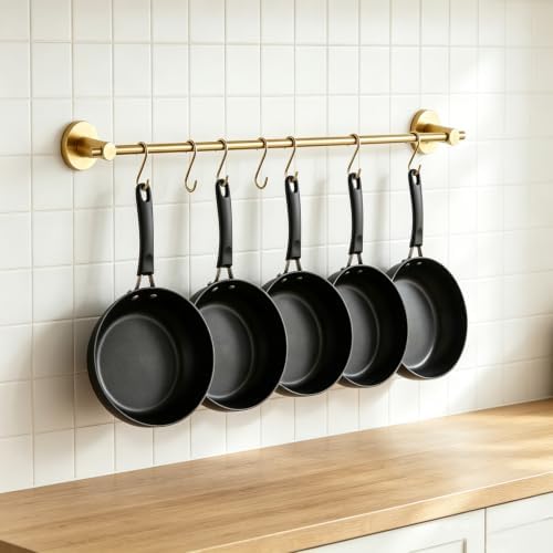 NEWRAIN Hanging Pot Rack for Wall Mount – 17.5 Inch Stainless Steel Brushed Gold Pot Rack with 5 Hooks, Space-Saving Organizer, Perfect for Small Kitchens, Pots, Pans, Mug& Towel. - Image 2