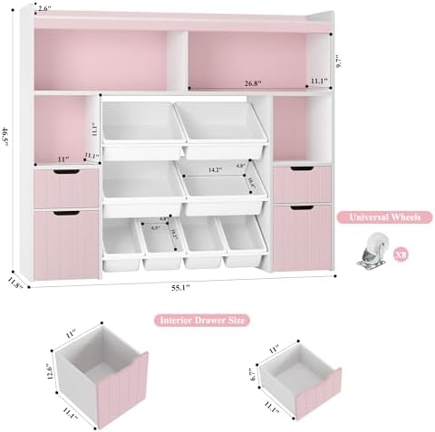 HORSTORS 55" W Toy Storage Organizer, Large Kids Bookshelf, Toy Box, Pink - Image 3