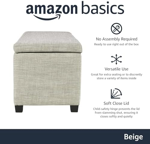 Amazon Basics Upholstered Storage Ottoman Bench with Soft Close Lid, Child-Safety Hinge, No Assembly Required, 35.5"W x 16.5"D x 17"H, Beige - Image 4