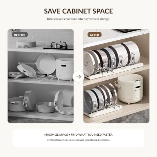 Expandable Pot and Pan Organizer for Cabinet, Adjustable Pot Lid Organizer with Stainless Steel Dividers for Pans, Baking Sheets, Plates & Cutting Boards, 13.6–22.2 in (White) - Image 3
