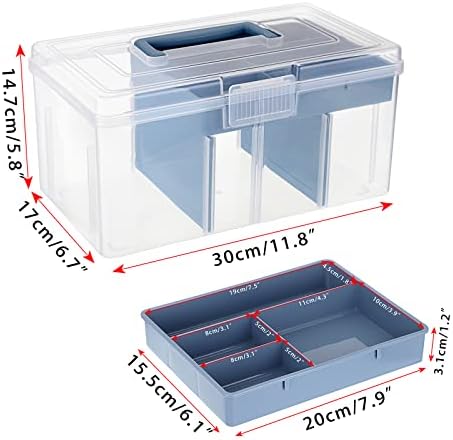 BTSKY 2 Layer Clear Plastic Dividing Storage Box with Removable Tray Multipurpose Stationery Storage Box with Handle Portable Sewing Box Art Craft Supply Organizer Home Utility Box (Big Blue) - Image 4