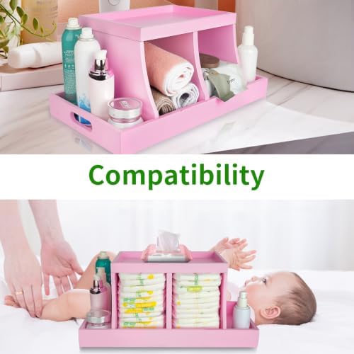 Diaper Caddy Organizer, Changing Table Organizer, Wooden Diaper Organizer for Nursery, Baby Diaper Storage Organizer with Removable Dividers (Pink, Rectangular Size) - Image 7