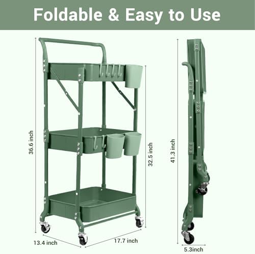 3 Tier Foldable Rolling Cart with Wheels, Metal Folding Utility Cart Organizer, Collapsible Rolling Storage Cart with 3 Hanging Cups & 6 Hooks for Kitchen, Office, Nursery (Green) - Image 2