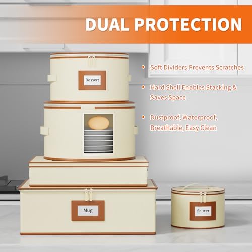 Aokeyee 8-Piece China Storage Containers Set, Hard Shell Moving Boxes for Dishes, Plates, Mugs, Wine Glass & Flatware – Dinnerware Organizer with Soft Felt Dividers, Sturdy Handles & Zippers, Ivory - Image 3