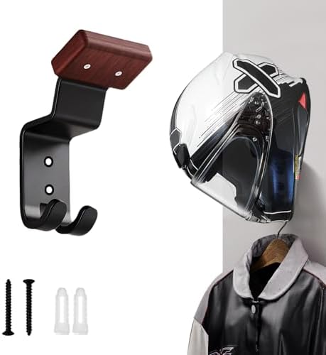 Motorcycle Helmet Holder Wall Mount - Heavy Duty Helmet Hanger Rack with 2 Key Hooks, Solid Wood & Strong Steel Design for Bike, Football, Skiing Sports Gear, Jackets & Hats (1) by Unknown