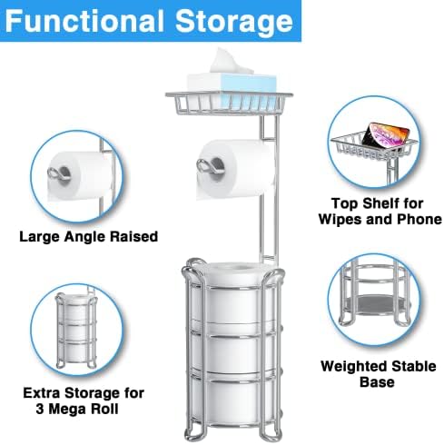 Toilet Paper Holder Stand with Shelf for Phone, Bathroom Free Standing Tissue Roll Storage Rack with Dispenser for 4 Mega Rolls, Chrome - Image 2