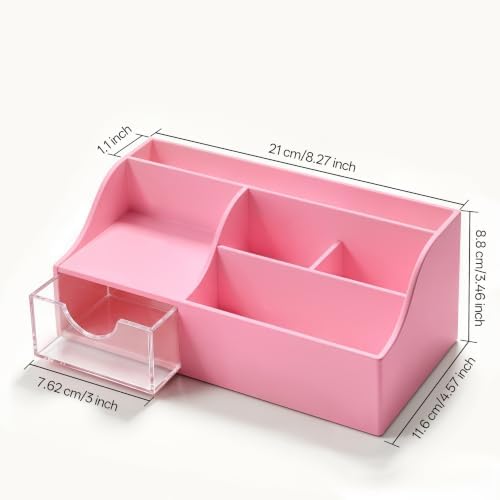 HBlife Acrylic Desk Organizer with Drawer, Pen & Pencil Holder, Multifunctional Desktop Caddy for Office Supply and Organization (Pink) - Image 2