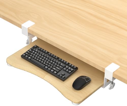 suptek Small Keyboard Tray Under Desk Pull Out with C Clamp Mount for Computer Keyboard, 20 (24.2 Including Clamps) x 11.8 inch Slide-Out Platform Computer Drawer for Typing, Light Wood, DSF1SQM by suptek