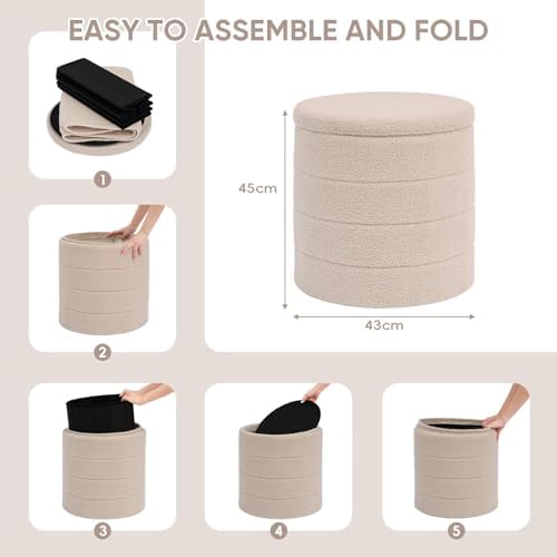 PINPLUS Round Folding Storage Ottoman, Beige Boucle Footstool - Image 3