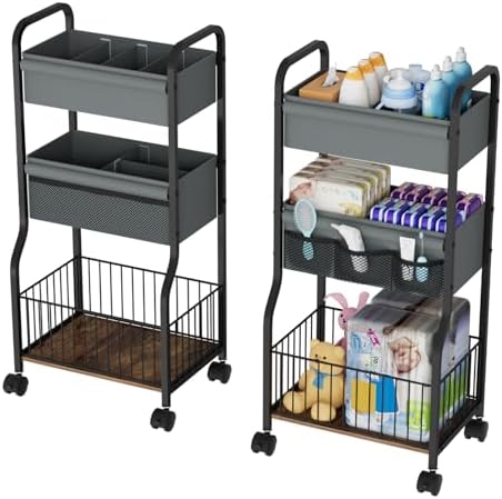 3-tier Baby Diaper Caddy Organizer and Storage Cart with 4+3 Dividers, Metal Utility Cart with Lockable Wheels for Nursery, Bedroom, Bathroom, Black by NEYCIL