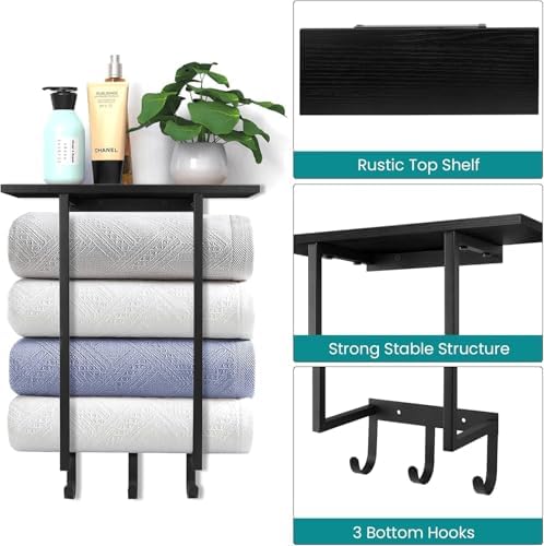 ELITEROO Towel Holder for Bathroom Wall, Wooden Towel Rack Shelf - Image 3