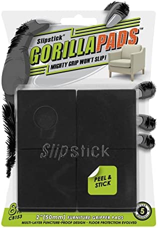 Slipstick GorillaPads Non Slip Furniture Pads/Gripper Feet Floor Protectors (Set of 8) Premium 2 Inch Square Self Adhesive Rubber Stoppers for Furniture Legs, Black, CB153 by Slipstick
