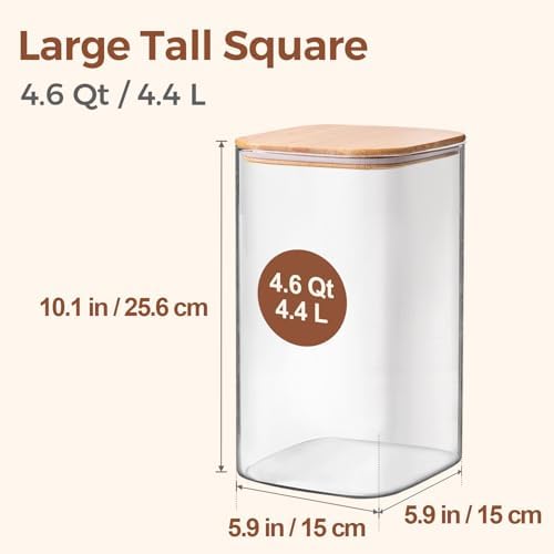 ComSaf Glass Storage Jars with Bamboo Lids 4.6 Qt Large Pantry Square - Image 2