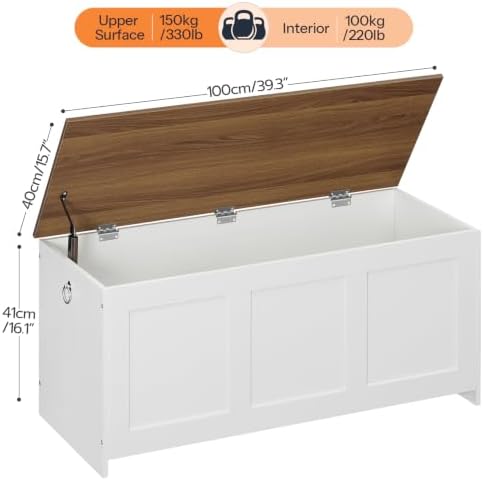 HOOBRO Storage Bench, 39.3" Retro Wooden Storage Chest, Wooden Storage Trunk, Toy Chest with Lift Top, Multifunctional Entryway Organizer, for Entryway, Living Room, White and Walnut WH141CW01G1 - Image 3