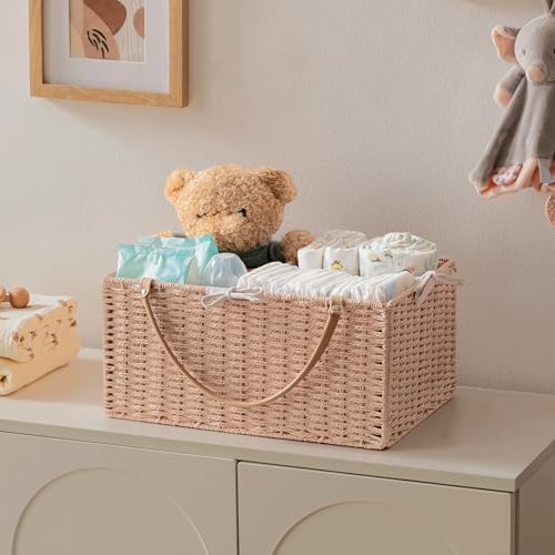 HBlife Large Baby Diaper Caddy Organizer Pink, Paper Rope Storage Baskets Nursery Bin with Removable Divider, Portable Car Organizer for Diapers, Baby Shower Gifts, Newborn Essentials Must Haves - Image 4