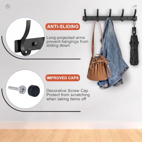 Coat Rack Wall Mounted,5 Coat Hooks for Hanging Coats,Heavy Duty Metal Double Hook Rack Hook Rail,Coat Rack with Hooks,Wall Mount Coat Hanger for Hat Towel Purse Robes (2 Pack Black, 5 Hooks) - Image 3