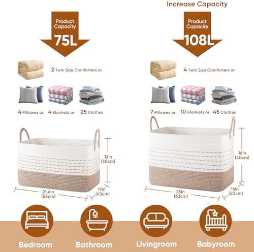 OIASKET XXL Large Blanket Basket for Living Room, 108L Woven Storage Baskets for Organizing, Rectangle Cotton Rope Basket Toy Chest With Handles--Brown & White - Image 4