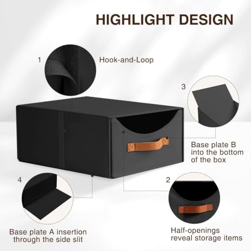 Homsorout Closet Organizers and Storage - Large Stackable Storage Bins with Drawer, Fabric Bins for Organization, Collapsible Storage Drawers Organizer for Bedroom, Living Room, 4 Pack, Black - Image 6
