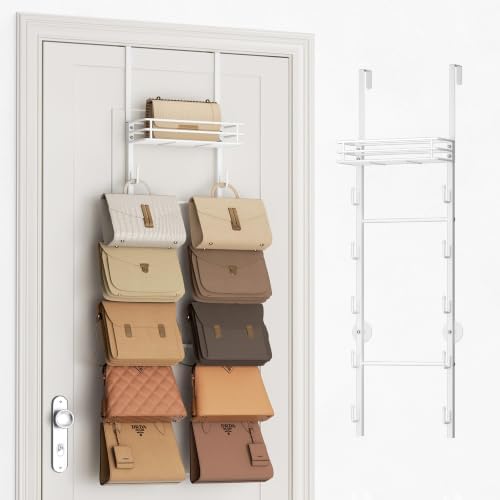SWTYMIKI Over the Door Purse Organizer - Wall Mounted Handbag Organizer with 10 Hooks and Metal Basket, Hanging Purse Storage Rack Holds up to 10 Bags, Bag Rack Can Use As 1/2 Part, for Door, Closet by SwtyMiki-TidyHomeSweetLife