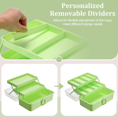 BTSKY 3-Layer Foldable Craft Organizer, Portable Tackle Box with Handle & Adjustable Dividers, Multi-Purpose Toolbox for Art Supplies, Sewing, Medicine, 12.2x6.7x5.7 Inch, Light Green - Image 5