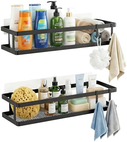 PUSDON 2-Pack 16.5" Extra Long Slim Shower Caddy, Adhesive Wall Mount Bathroom Organizer, Rustproof Open Frame Mesh Spice Rack for Kitchen, Holds 50LBS - Matte Black, Guardrail by PUSDON