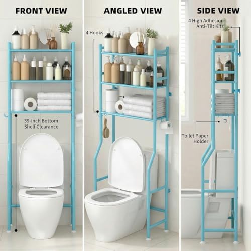 GloTika 3-Tier Over Toilet Storage Cabinet, No Drilling, 64" H, Blue - Image 2