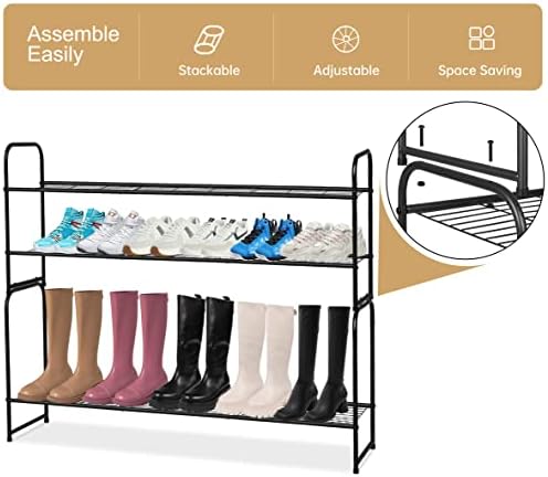 KEETDY 2-Tier Long Shoe Rack for Closet Metal Shoe Organizer for Entryway, Wide Stackable Shoe Storage Shelf with Sturdy Wire Grid for Closet Floor, Bedroom, Black - Image 6