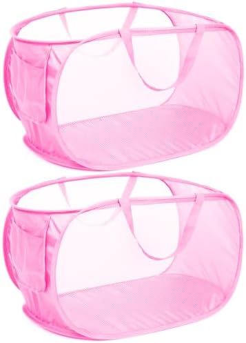 Durable Collapsible Laundry Baskets, Mesh Pop Up Laundry Hamper with Side Pocket, Foldable Clothes Hamper with Reinforced Carry Handles for Laundry, Bathroom, Kids Room, Dorm or Travel 2 Pack Pink by Bemkoo