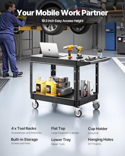 VEVOR Utility Cart, 550 lbs Load Capacity, 37 x 25.4-inch Service Cart, Two-Shelf Heavy Duty Plastic Utility Cart with 360° Swivel Wheels (2 with Brakes), Suitable for Warehouse, Garage, Cleaning - Image 2
