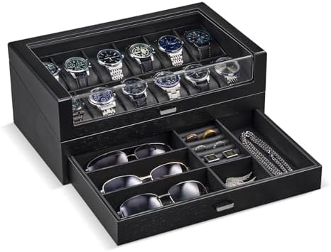 ProCase High End Wooden Watch Box for Men, 2-Layer Wood Watch Display Case Men's Jewelry Organizer Box with Drawer -12 Slot, Black by ProCase