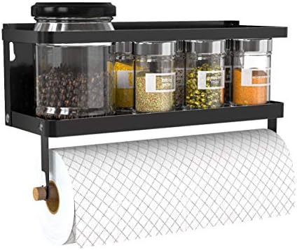 Magnetic Paper Towel Holder, 2-in-1 Magnetic Spice Rack with Hooks,Wall Mount Shelf Towel Rack for Refrigerator (Black, With hook) by Hoopoton