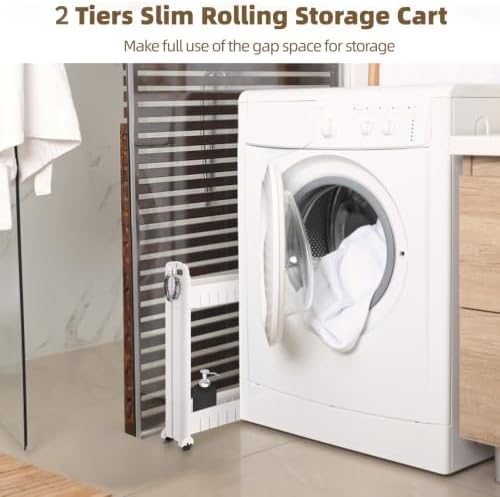 2 Tiers Slim Rolling Storage Cart, 3.5 in Slim Slide Out Bathroom Organizer Cart, Tiered Storage Rack with Wheels, Narrow Mobile Utility Rack for Laundry Room, Kitchen, Office, Sturdy Room - Image 2
