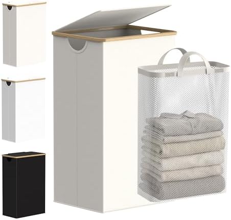 efluky Slim Laundry Hamper with Lid and Removable Bag, 100L Beige by efluky