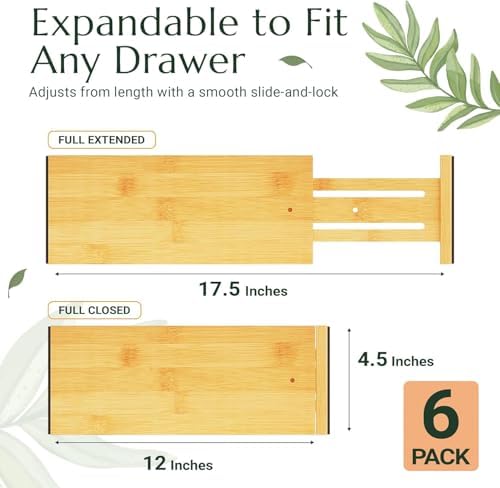 Bamboo Drawer Dividers 6 Pack with Non Slip Liner, Adjustable Expandable Drawer Organizer for Dresser, Kitchen, Bathroom, 4.5 Inch Tall Separators for Clothes, Fits 12 to 17.5 Inch Drawers - Image 4