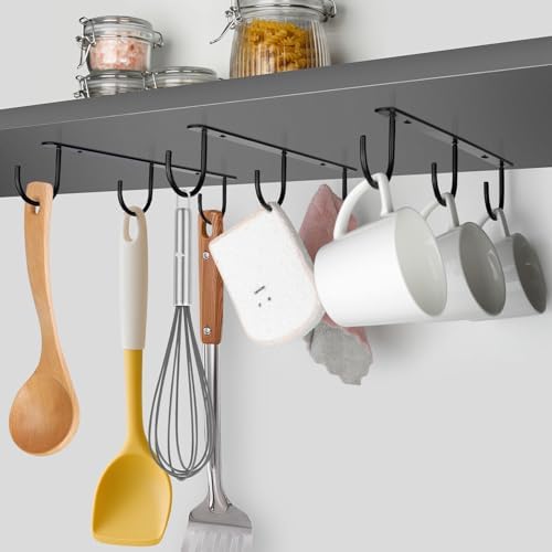 3pcs Under Cabinet Mug Hooks,Adhesive/Screw 2 Ways Install Mug Holder,Coffee Cups Hook with 9 Hooks,Mug Organizion Rack for Displaying Mugs/Cups/Kitchen Utensils (Black) - Image 3