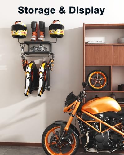 Motorcycle Helmet Holder Wall Mount, 2 Tier Helmet Rack with 2 Hat Stands - Image 3