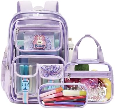 Makukke Clear Backpack for School, Heavy Duty 0.5mm Transparent Bookbag 3-in-1 Set with Lunch Bag, Fits 15.6" Laptop for Teens (Clear Purple) by MAKUKKE