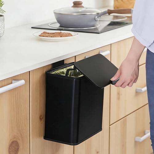 Under Counter Waste Bin, 1.9 Gallon Metal Small Trash Can for Cabinet Door, Hanging Space-Saving Garbage Can with Lid for Kitchen, Bathroom, RV, Office, Black - Image 3