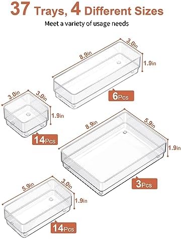SMARTAKE 37 PCS Drawer Organizer 4 Size Desk Makeup Drawer Organizer Clear - Image 2