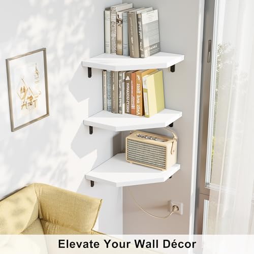 Alsonerbay Pine Wood Corner Shelves with Cable Cutout 3-Pack, White - Image 4